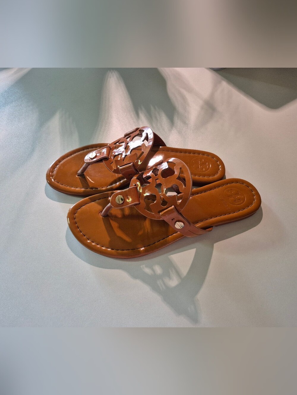 Tory Burch Authentic Patent Leather Brown Miller Logo Cutout Thong Sandals